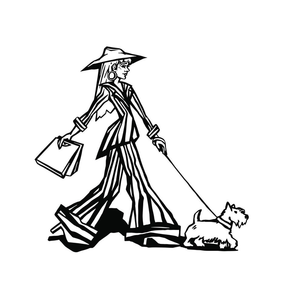 Girl with a dog with bags, shopping outline illustration made by hand vector