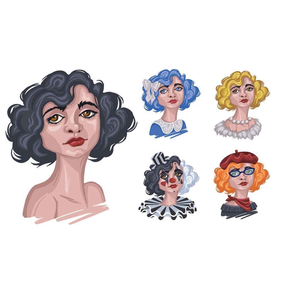 Set of girls with different styles, image change, hand-made illustration vector