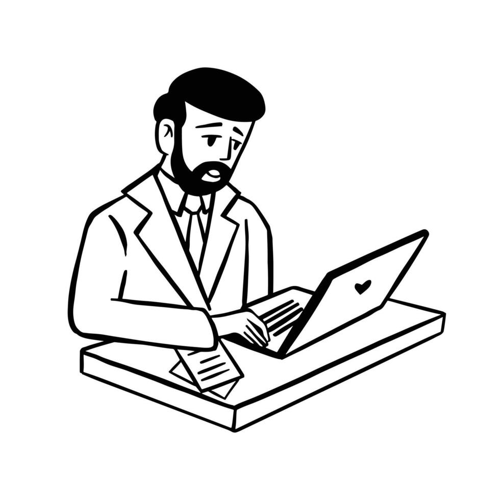 Man with beard works on laptop line style flat vector