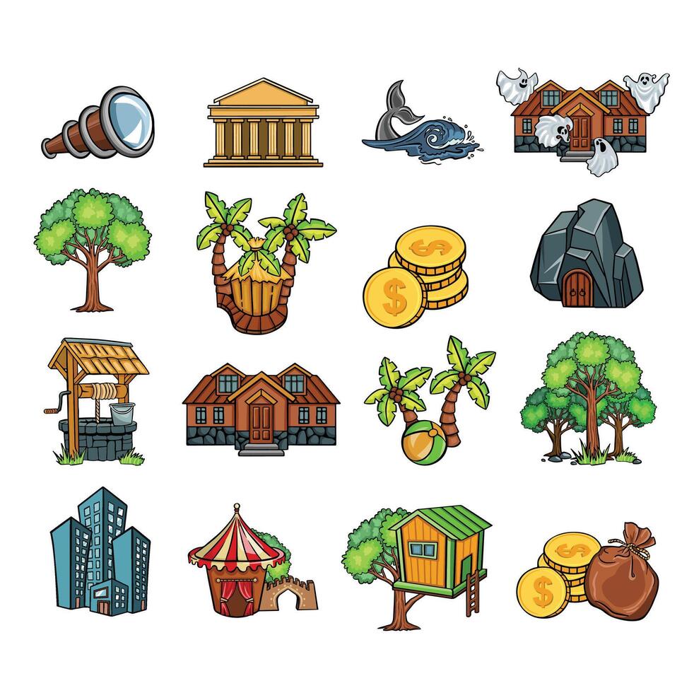 set of fantasy game icons, palm tree icons well, gold. Set of items , Game icons collection vector
