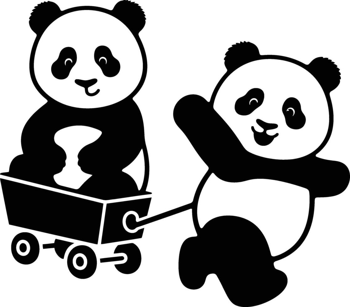 Playful Pandas Pushing Wagon Art, Fun Panda Duo Graphic for Kids Story vector