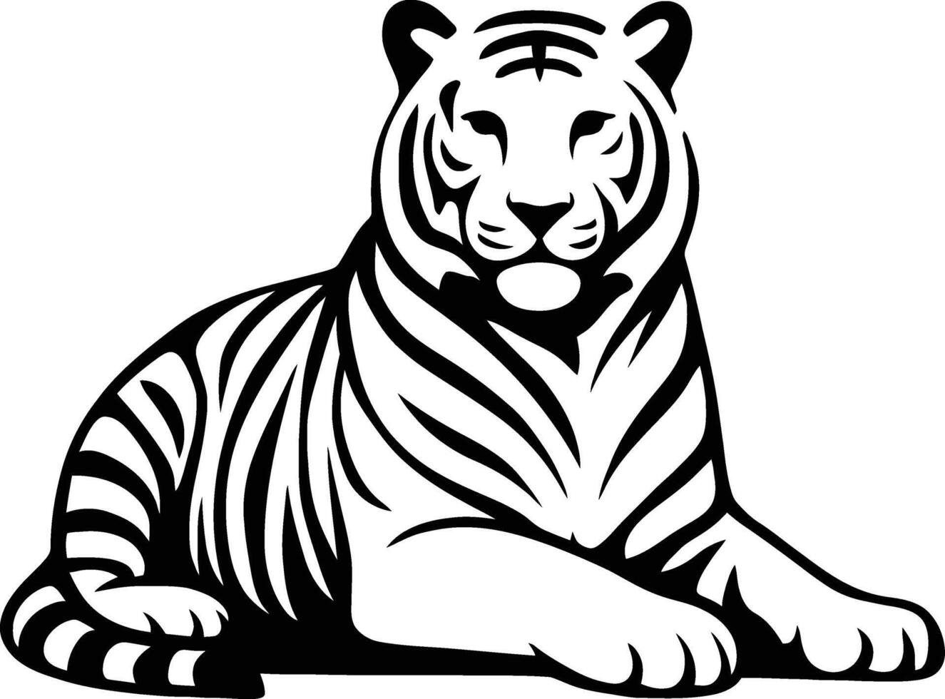 Resting tiger illustration in black and white, Calm tiger silhouette design vector
