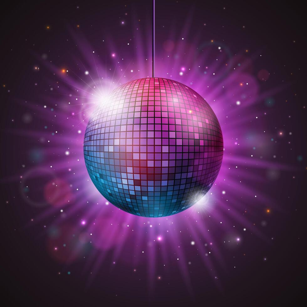 Party Celebration Illustration with Shiny Disco Ball with Reflective Surface and Shine on Bright Night Background. Festival Design for Banner, Flyer, Greeting Card, Invitation or Holiday Poster vector