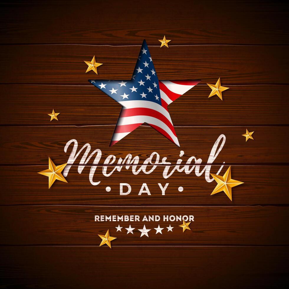 Memorial Day Banner Design with American Flag, Gold Star and Typography Lettering on Vintage, Wood Background. National Patriotic Celebration of the USA Illustration for Postcard, Flyer vector