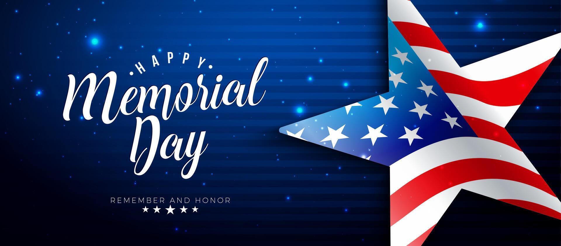 USA Memorial Day Design with American Flag in Star Pattern and Typography Lettering on Blue Background. National Patriotic Celebration Design for Banner, Flyer, Greeting Card or vector