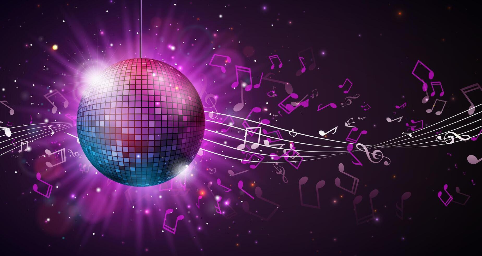 Shiny Disco Ball Party Celebration Illustration with Reflective Surface and Flying Musical Notes on Bright Night Background. Festival Design for Banner, Flyer, Greeting Card, Invitation or vector