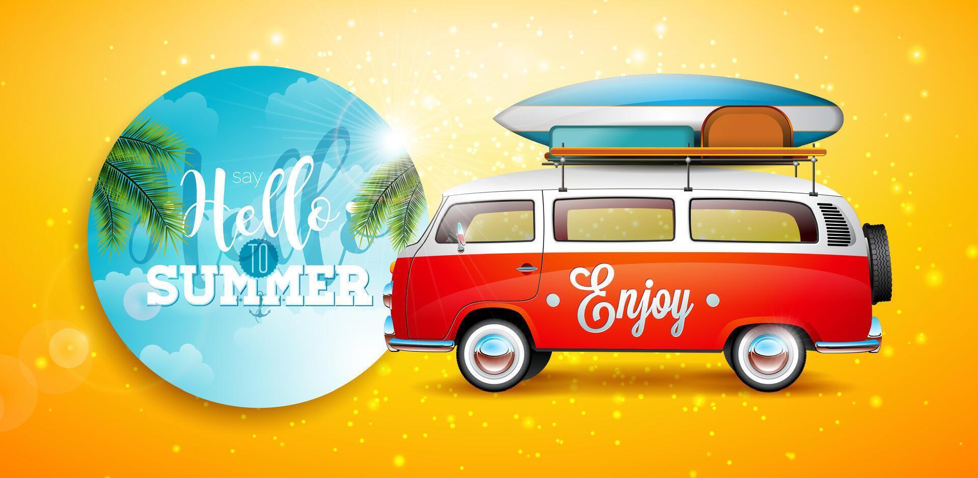 Summer Holiday Illustration with Exotic Leaves, Blue Sky and Travel Van with Surf Board on Yellow Background. Tropical Beach Holiday Illustration for Banner, Flyer, Invitation, Brochure, Poster vector