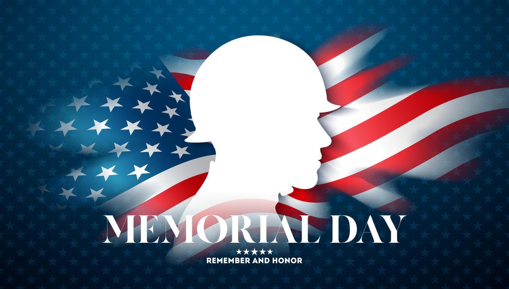 USA Memorial Day Banner Illustration with Flag and Patriotic Soldier Silhouette on Blue Background. American National Celebration Illustration with Typography Lettering for Banner, Greeluting Card or vector