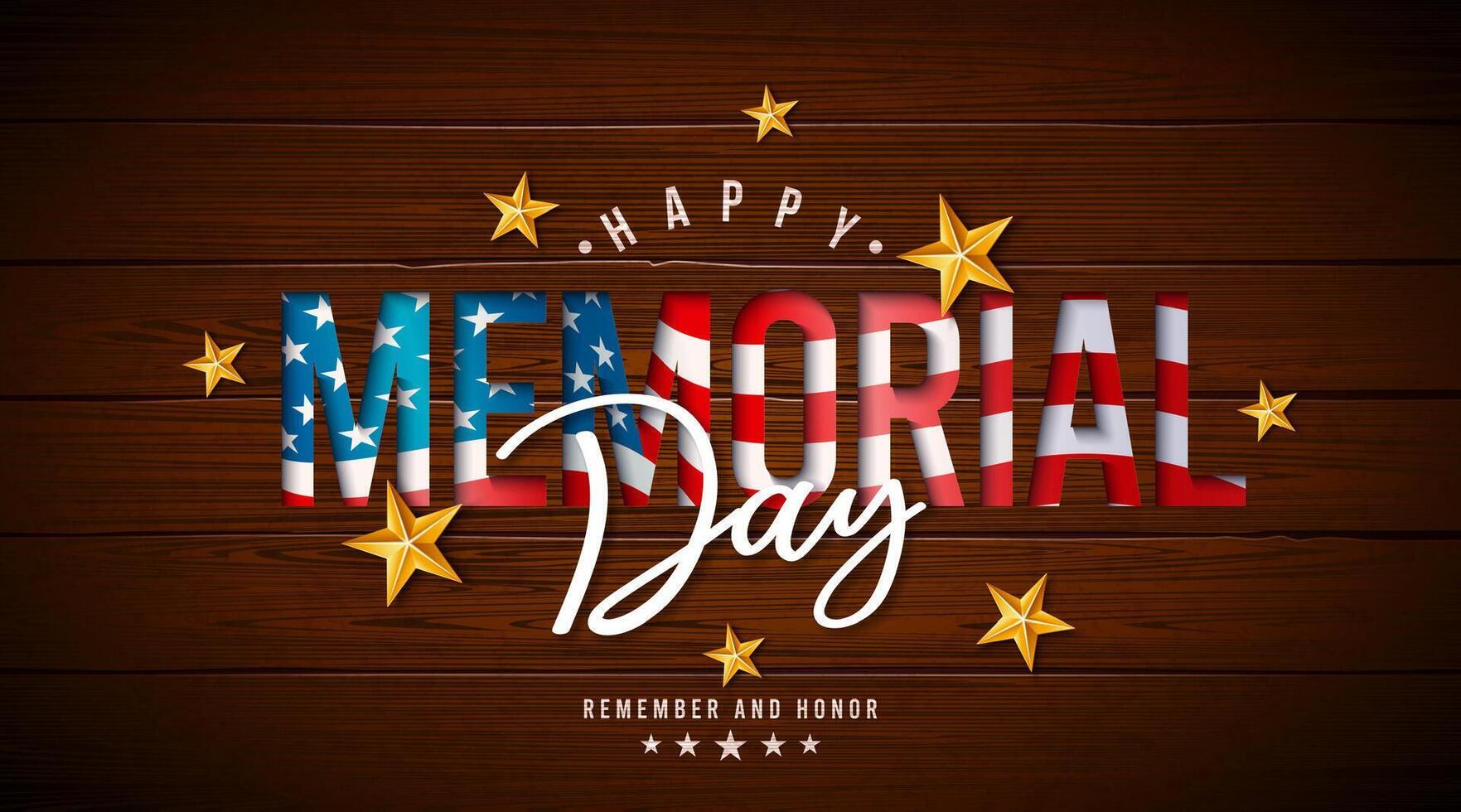 Happy Memorial Day USA Banner Design with American Flag, Gold Star and Typography Lettering on Vintage, Wood Background. National Patriotic Celebration Illustration for Postcard, Flyer vector