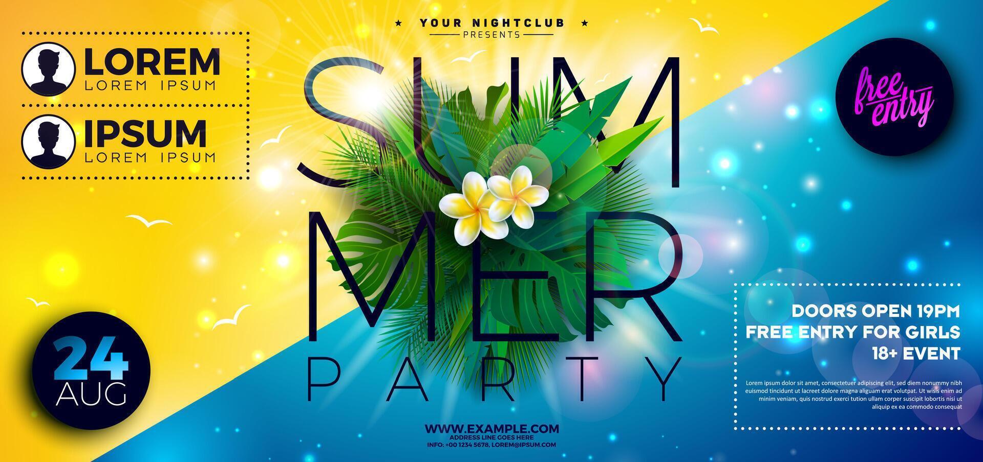 Summer Beach Party Banner Design with Abstract Design Elements and Typography Lettering on Tropical Island Background. Summer Holiday Illustration with Exotic Palm Leaves and Flower for Flyer vector