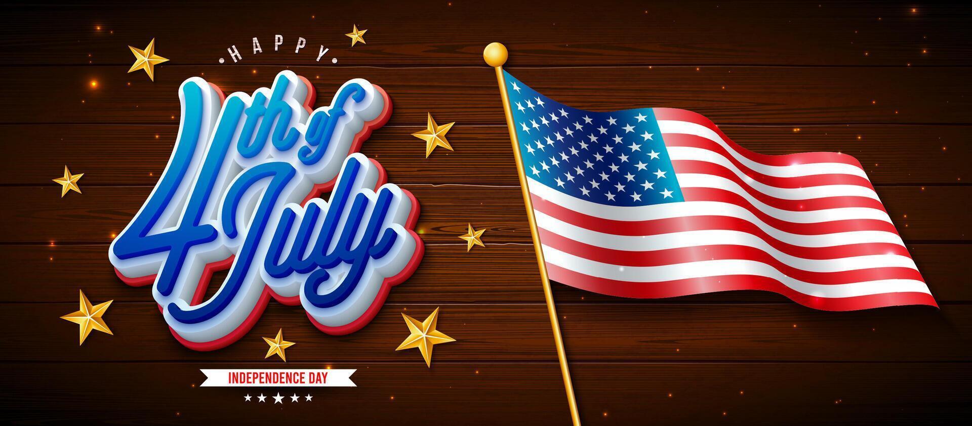 4th of July Independence Day of the USA Illustration with American Flag, Gold Star and 3d Typography Lettering on Vintage Wood Background. Fourth of July National Celebration Design with vector