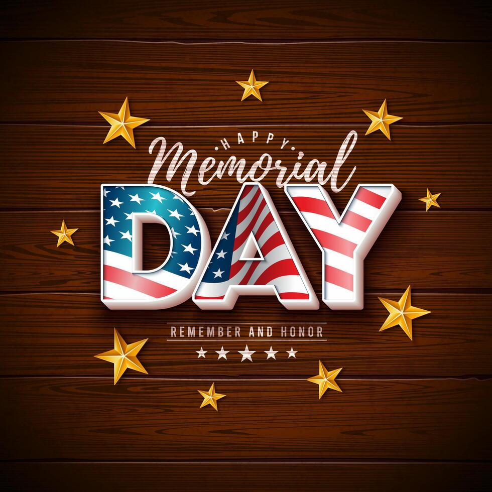 Memorial Day of the USA Banner Illustration with American Flag in Typography Lettering and Gold Stars on Vintage, Wood Background. National Patriotic Celebration Design for Postcard, Flyer vector