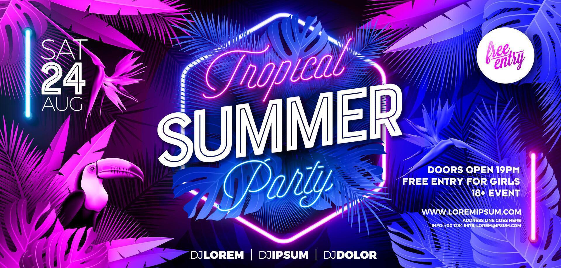 Tropical Summer Party Banner Design with Glowing Neon Light on Fluorescent Tropic Leaves Background. Summer Celebration Holiday Template Illustration for Flyer, Invitation or Celebration Poster. vector