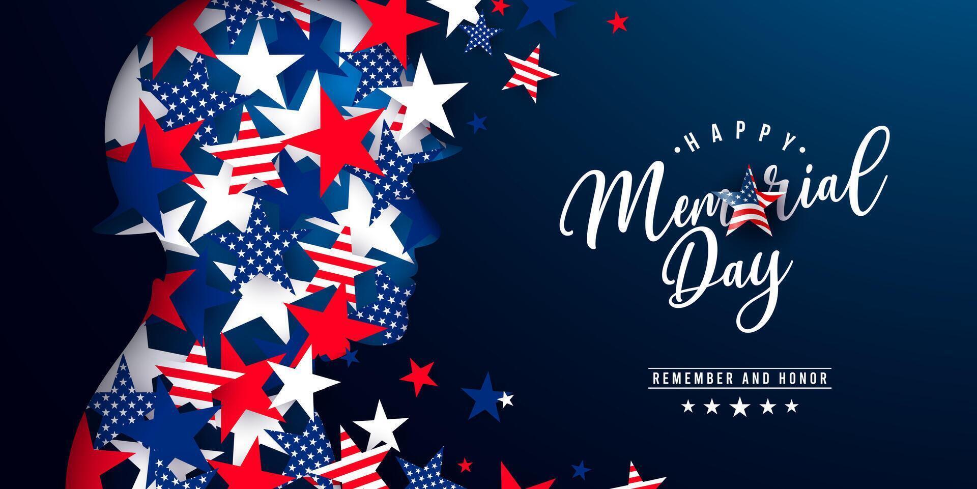 Memorial Day of the USA Banner with Flying Flag Pattern Stars in Patriotic Soldier Silhouette on Light Background. American National Celebration Design with Typography Lettering for vector