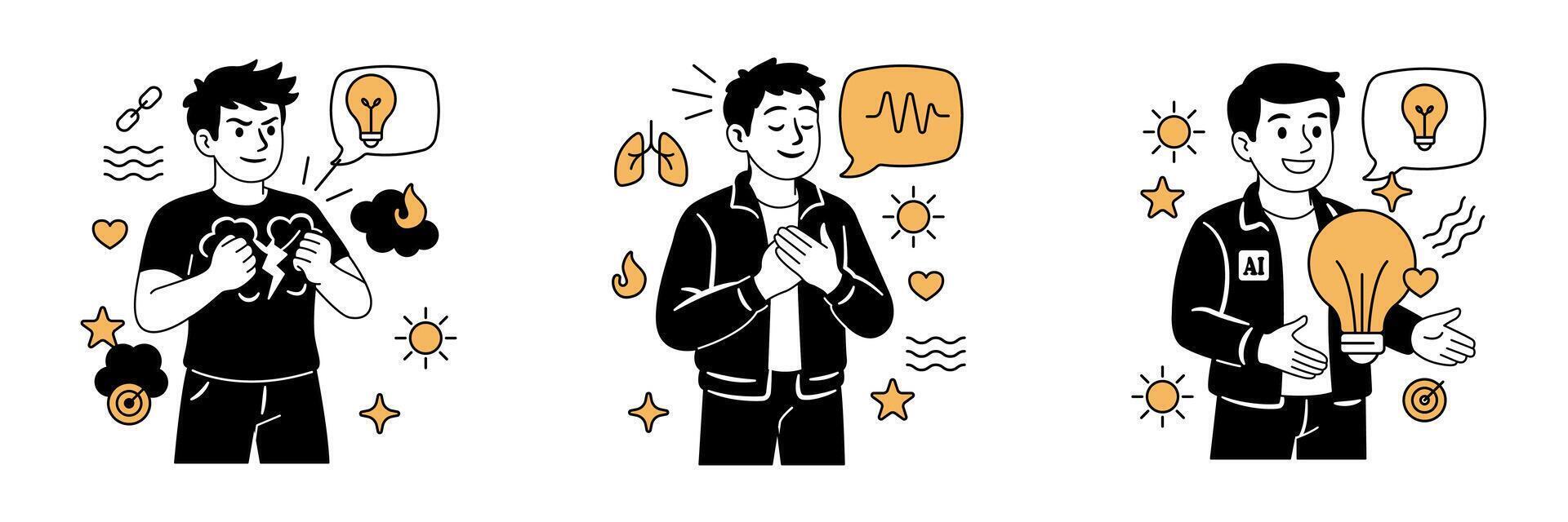 men expressing mental health concepts, breaking negative thoughts, deep breathing for calm, and holding a light bulb to symbolize positive ideas. vector