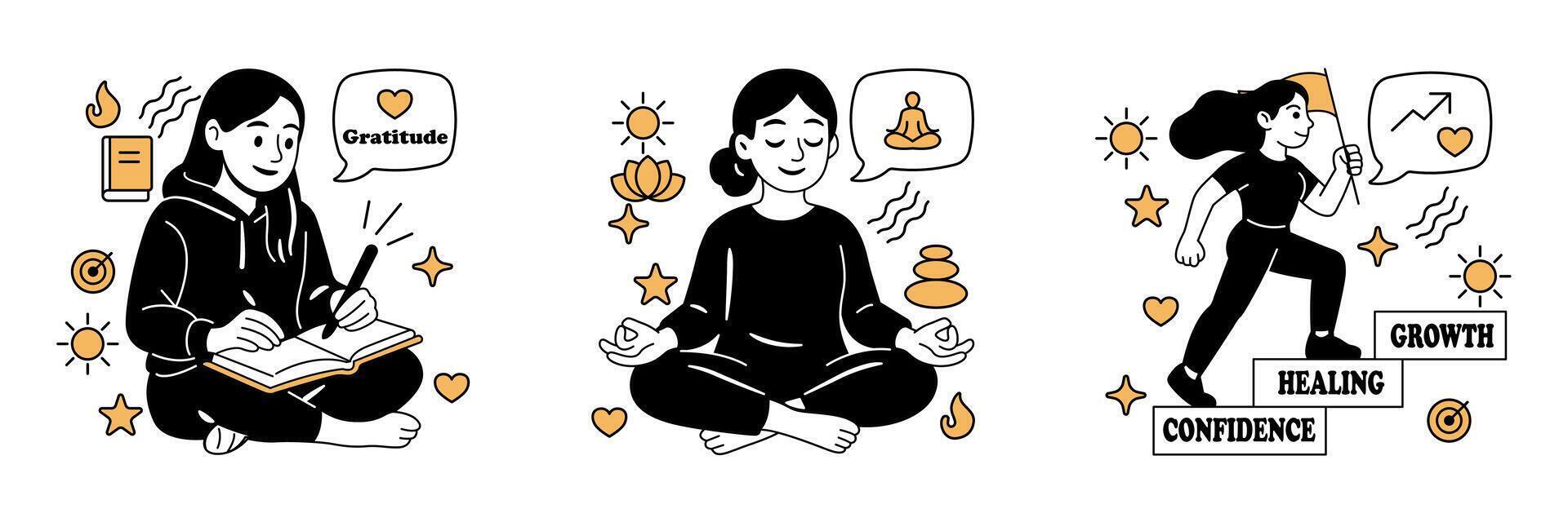 women practicing positive journaling, mindfulness meditation, and personal growth steps. Ideal for mental health, self-care, and psychology concepts. vector