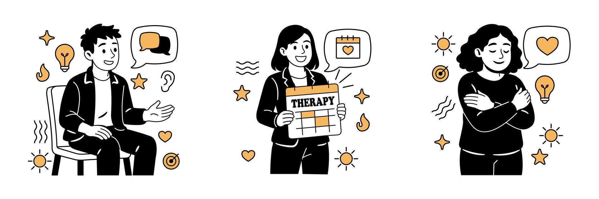 mental health therapy concepts, a man in counseling, a woman holding a therapy calendar, and a woman practicing self love and emotional care. vector
