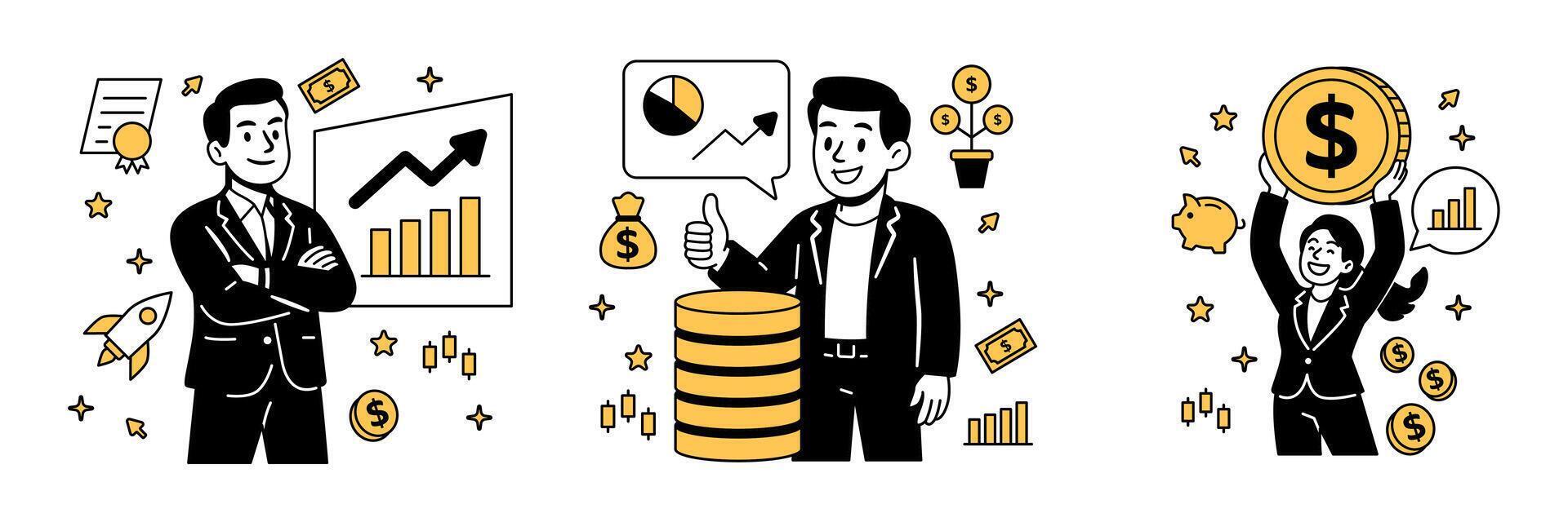 showing confident business characters with investment growth charts, giant coin stacks, and financial success icons vector