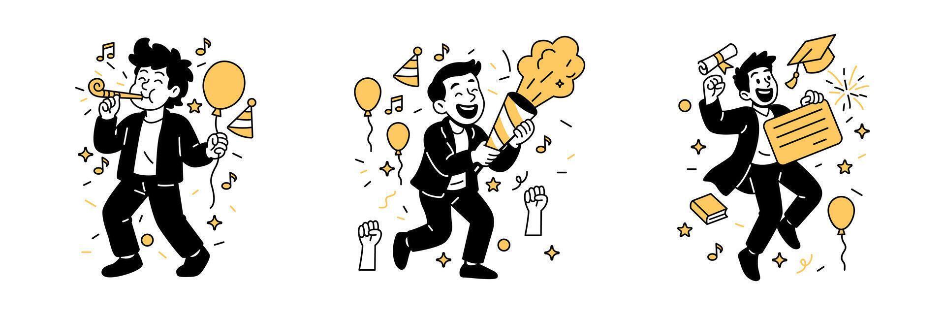 joyful people celebrating with party horns, confetti cannons vector