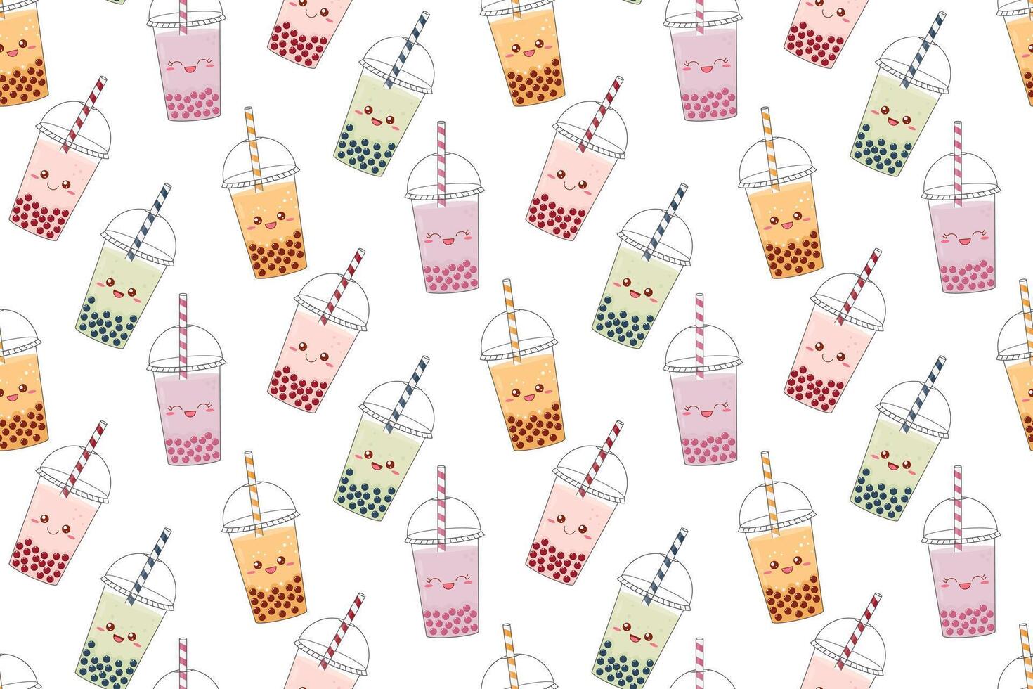 Bubble tea funny seamless pattern. Cute kawaii smiled drinks characters. illustration vector