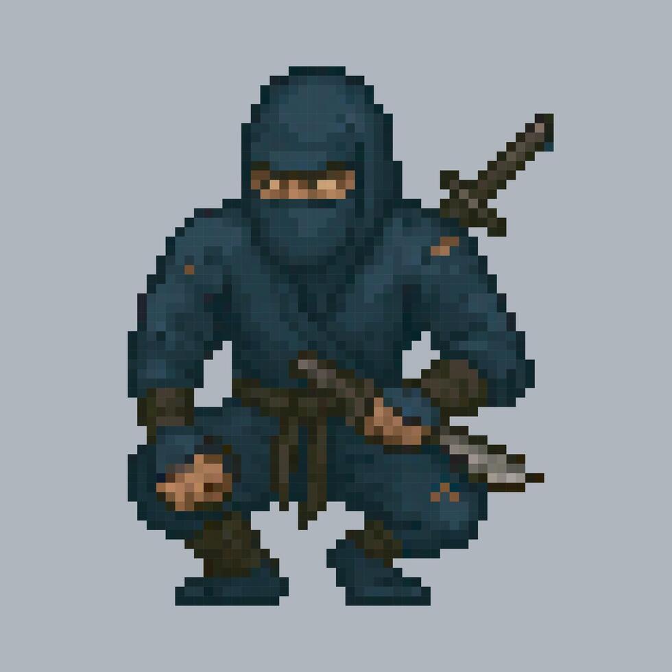 squat black ninja in pixel art style with isolated background vector