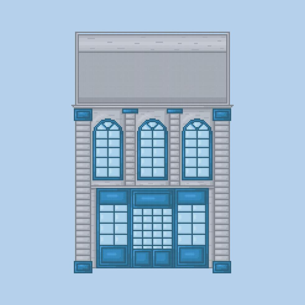 Top view two story building in pixel art style with isolated background vector