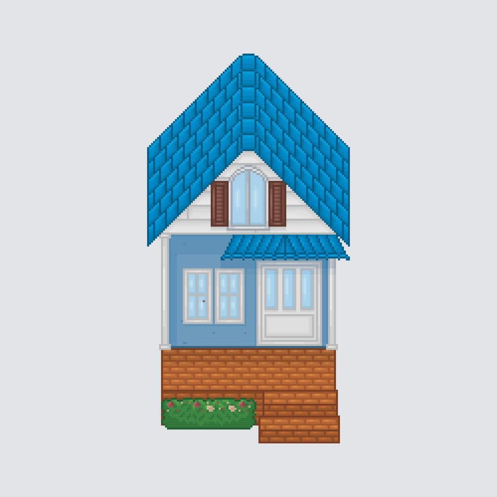 top view blue roof tile home building in pixel art style vector