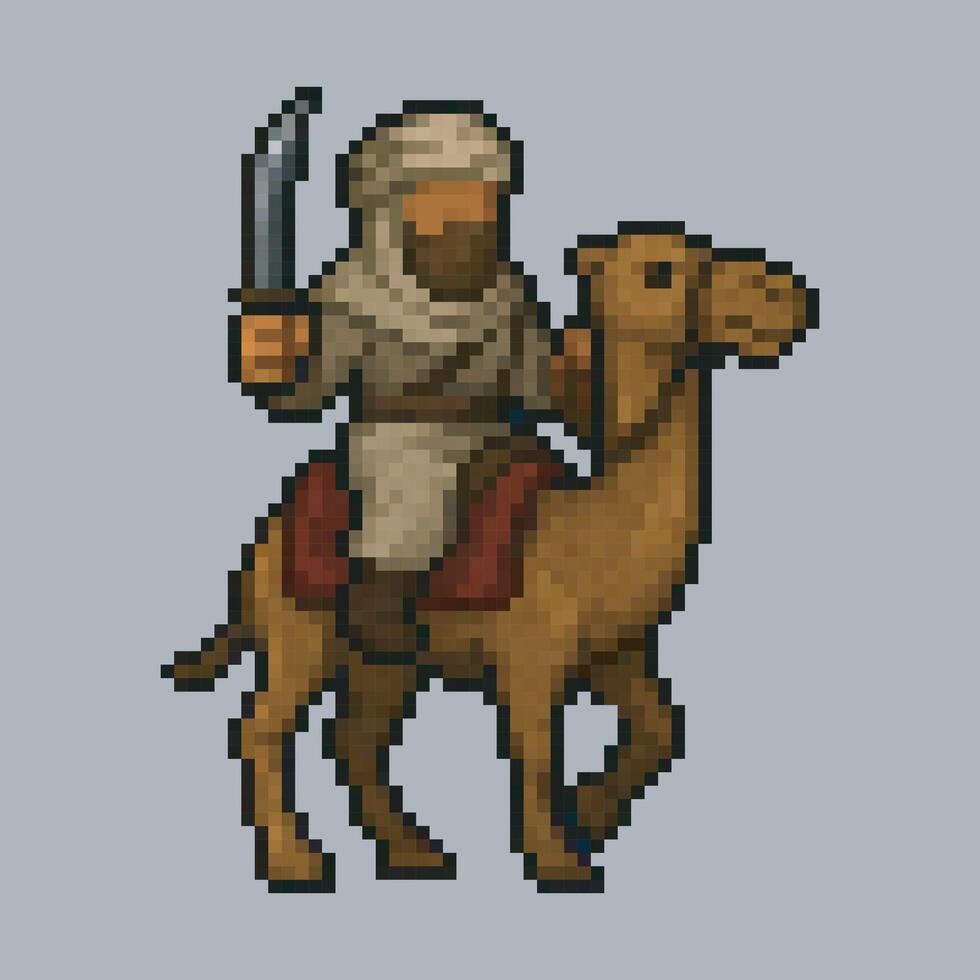Arabian cavalry character in pixel art style with isolated background vector