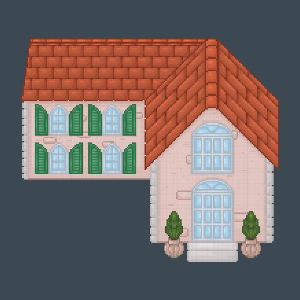 top view L shape home building in pixel art style with isolated background vector
