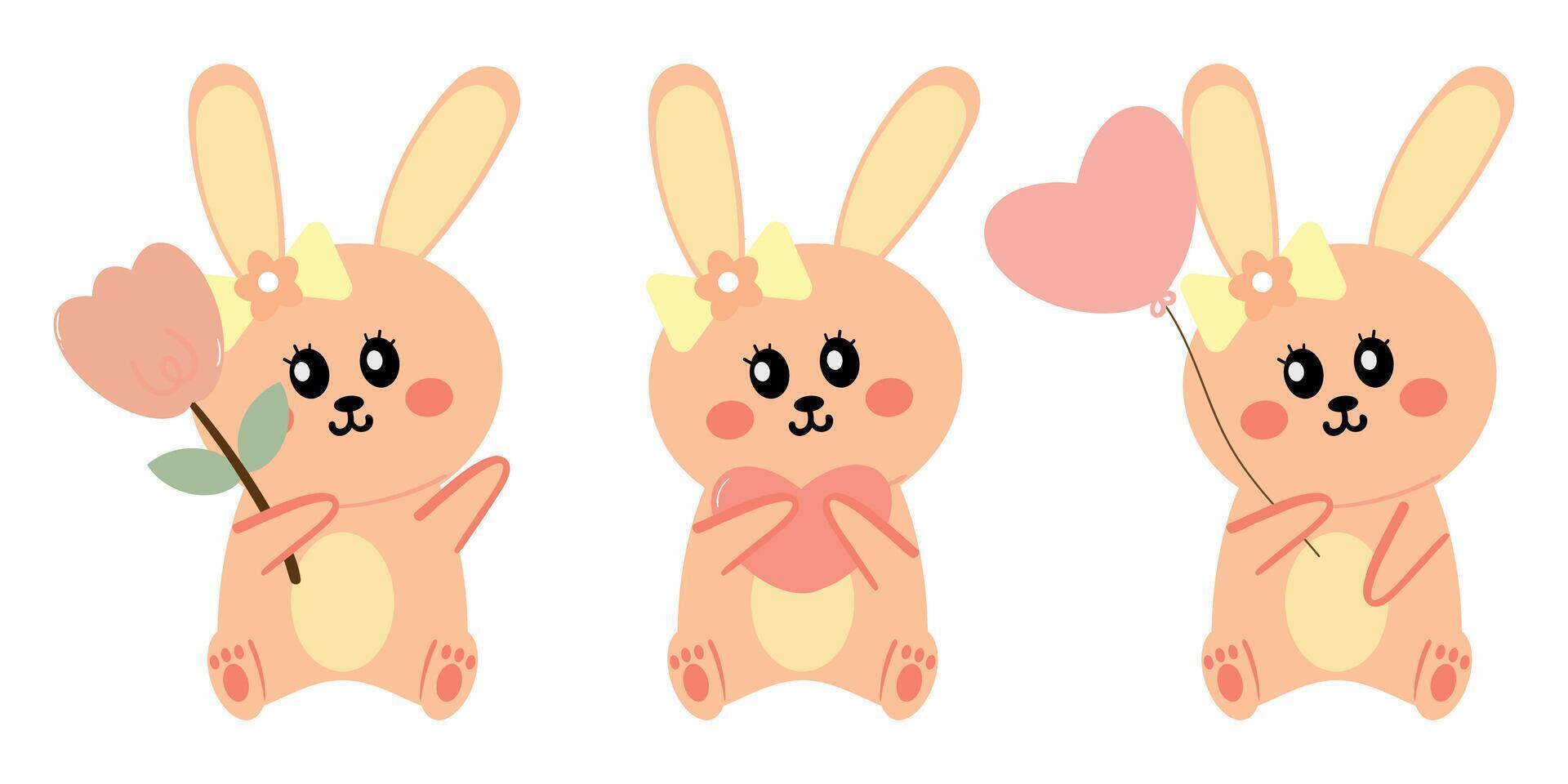 Hand drawing cartoon bunny with cute bunny holding balloons, pink hearts and tulips sticker set. cute animal drawing, doodle set vector