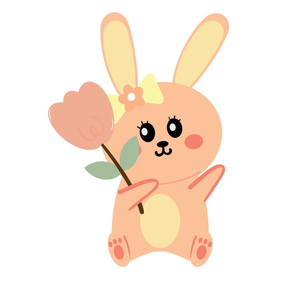 Cute hand drawing cartoon bunny holding pink tulip flower. cute animal drawing for sticker and icon vector