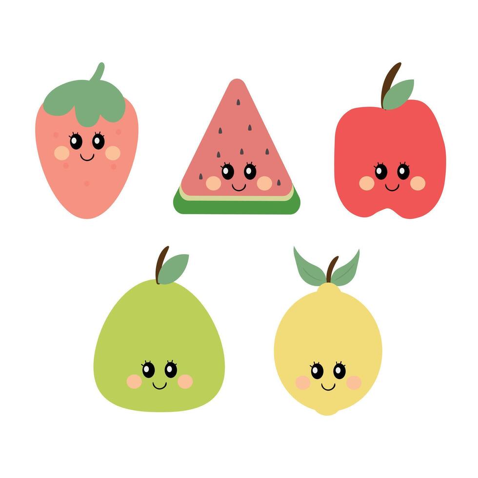 Cute fruits, apple watermelon strawberry lemon and pear, illustration white background vector