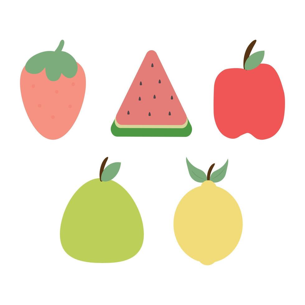 Cute fruits, apple watermelon strawberry lemon and pear illustration white background vector
