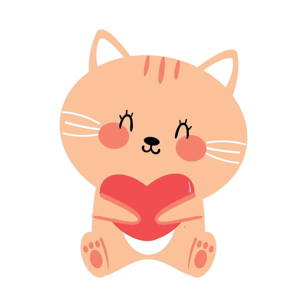 Cute drawing cartoon cute cat hugging pink heart. cute animal doodle for sticker, icon vector