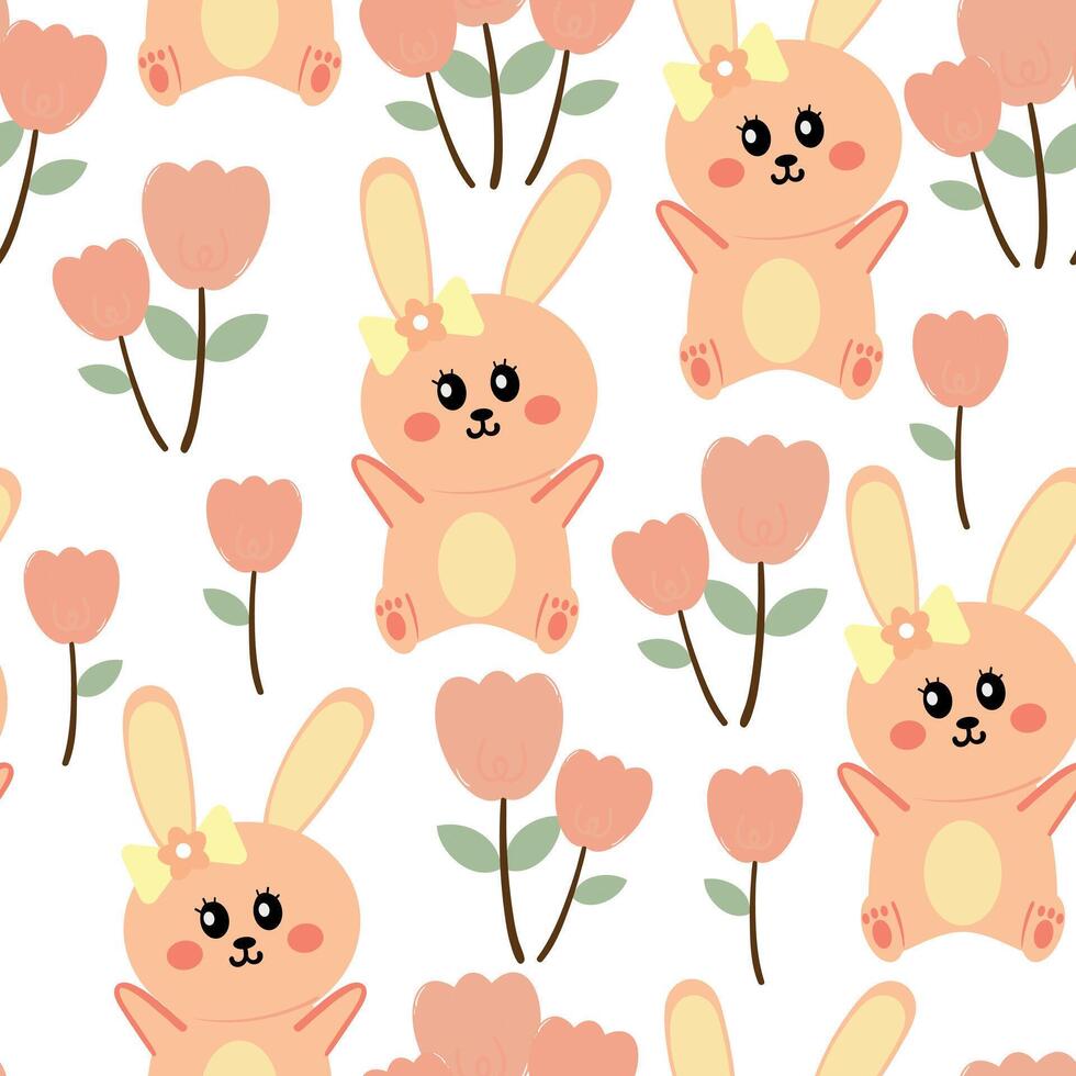 Seamless pattern cartoon bunny and tulip pink flower. cute animal pattern for wallpaper, background and gift wrap paper vector
