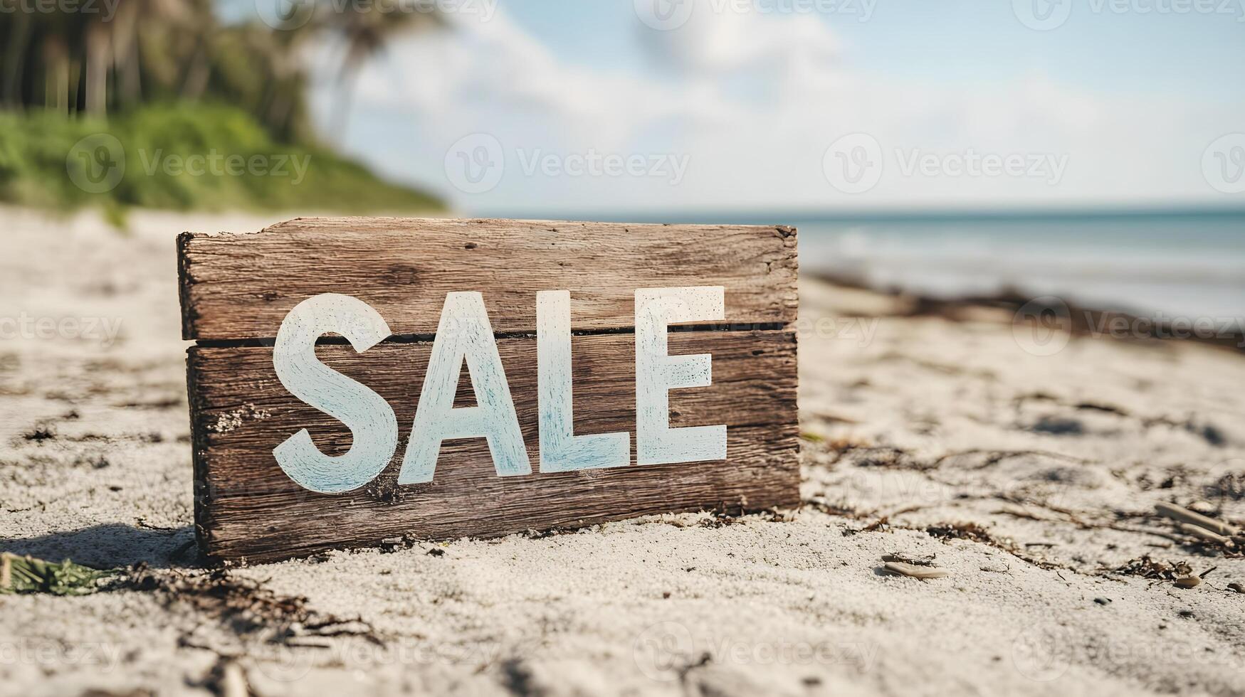 Sale sign on a sandy beach with ocean in the background . photo