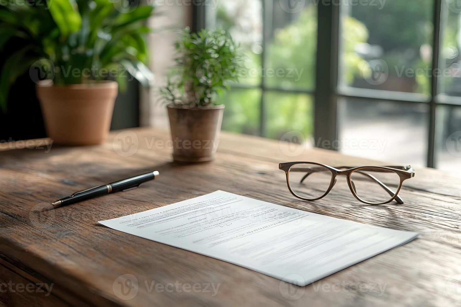 Travel agent desk with documents and plants in natural light . photo