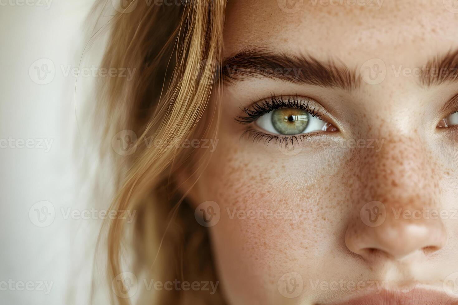 Woman with striking green eyes and freckles gazes directly at the camera . photo