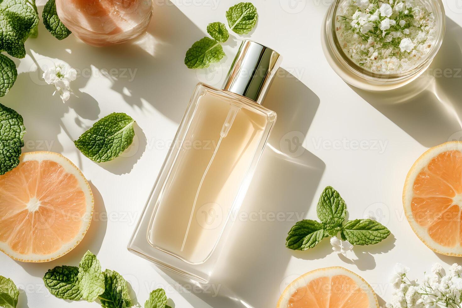 Cosmetics and skincare items displayed with fresh ingredients and scents . photo
