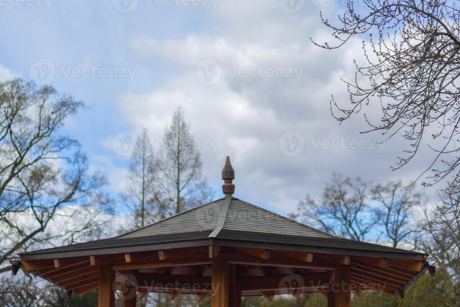 Wooden pavilion with sloping roof against a cloudy sky in a park photo