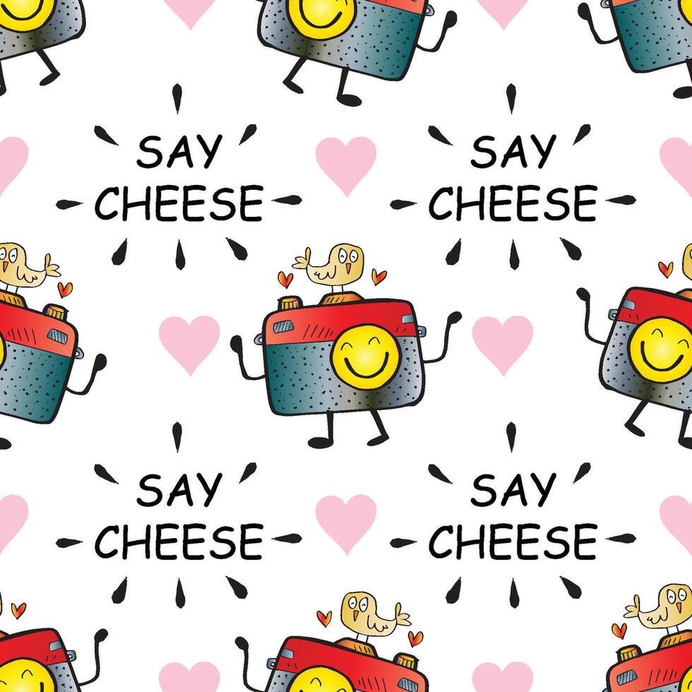 Seamless pattern with say cheese cartoon camera. vector