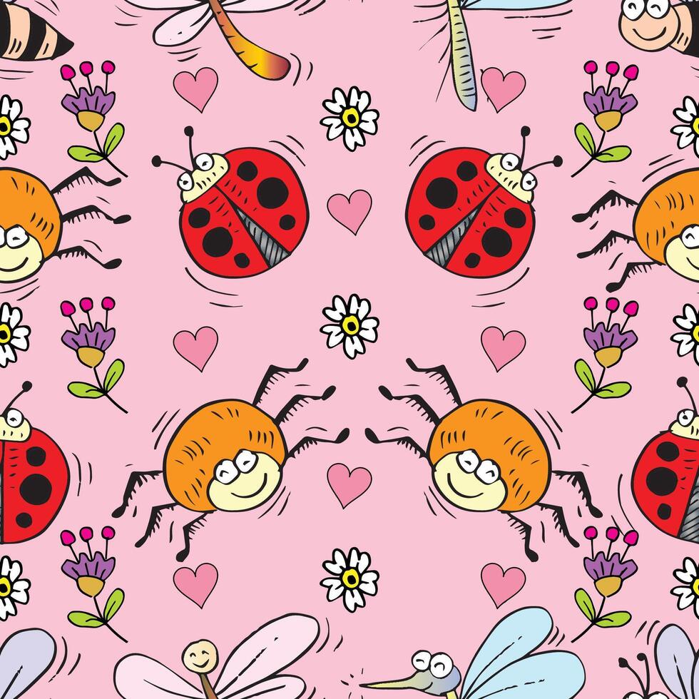 Seamless pattern with insects and hearts vector