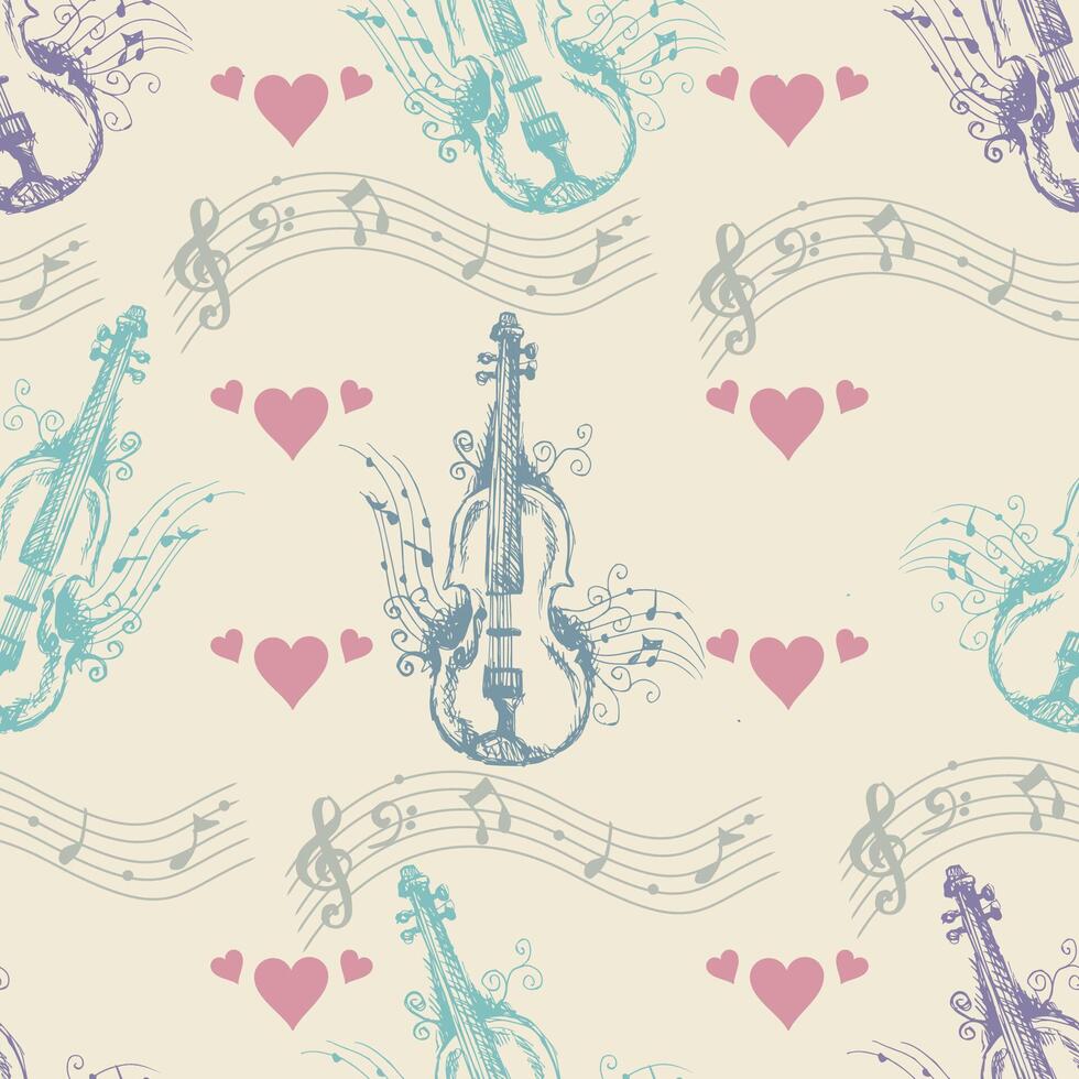 Hand-drawn musical violin pattern with notes and hearts vector