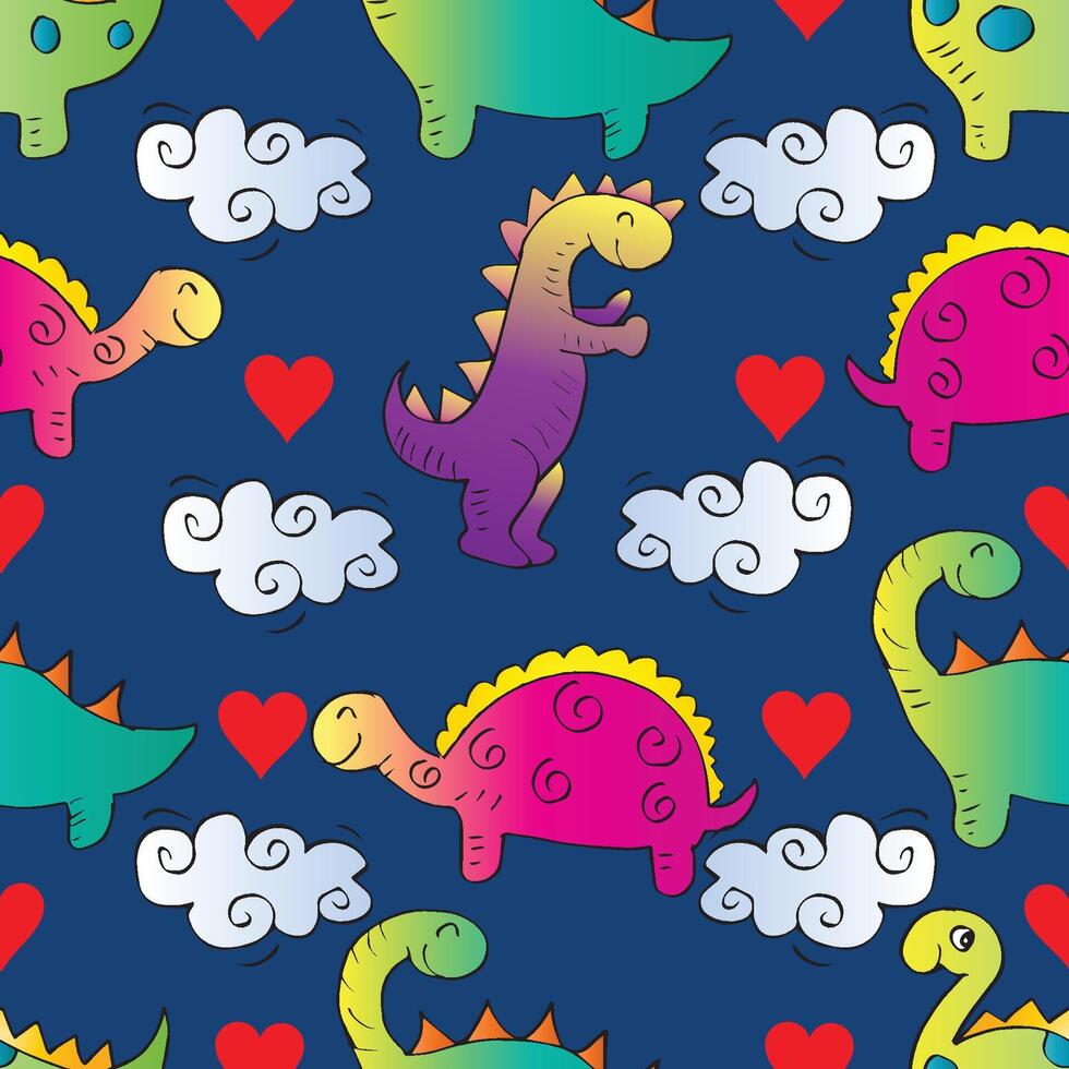 Seamless pattern with cute dinosaur on dark blue background. vector
