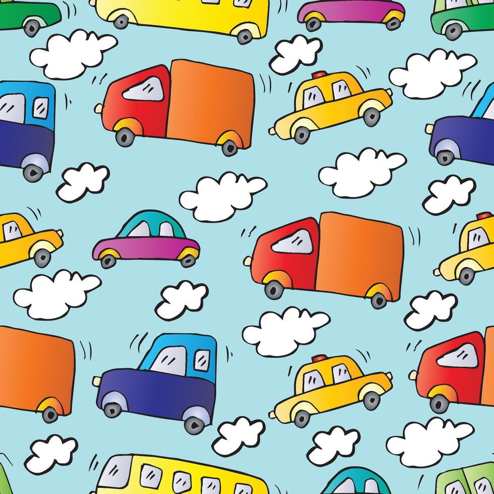 Seamless pattern with cartoon cars and clouds. vector
