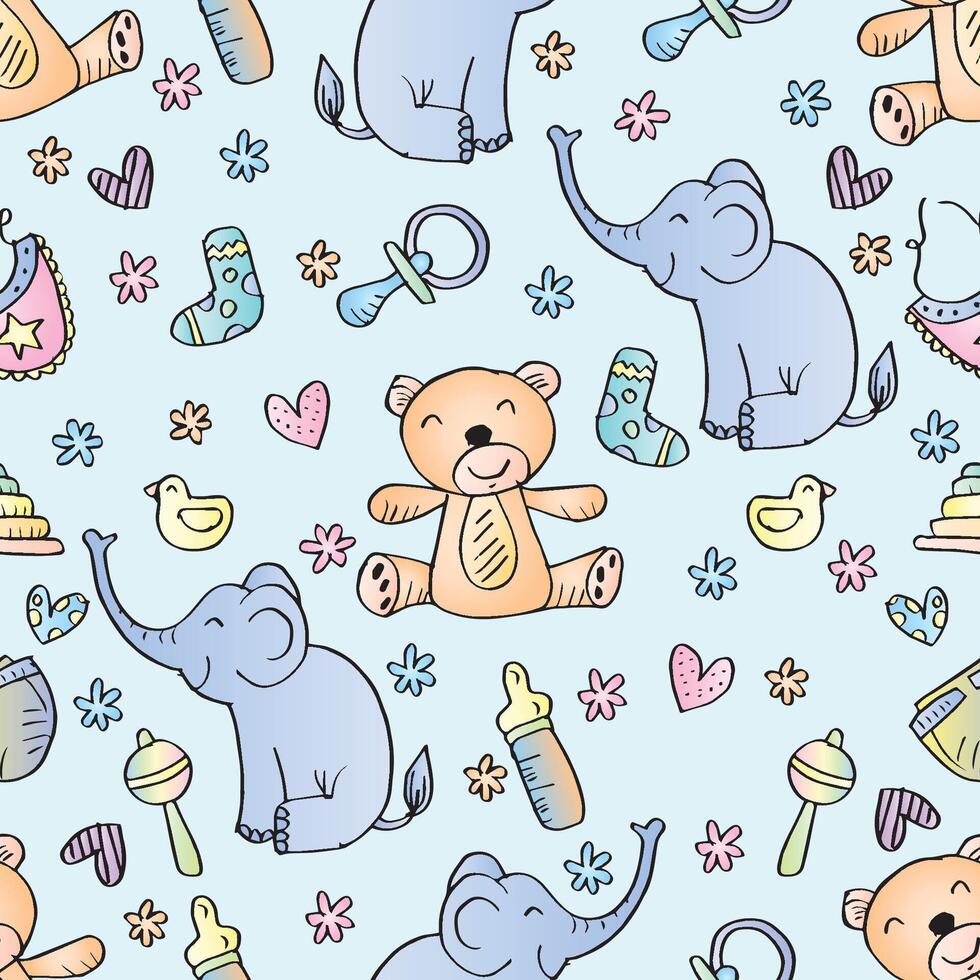 Childrens seamless pattern with toys and animals vector
