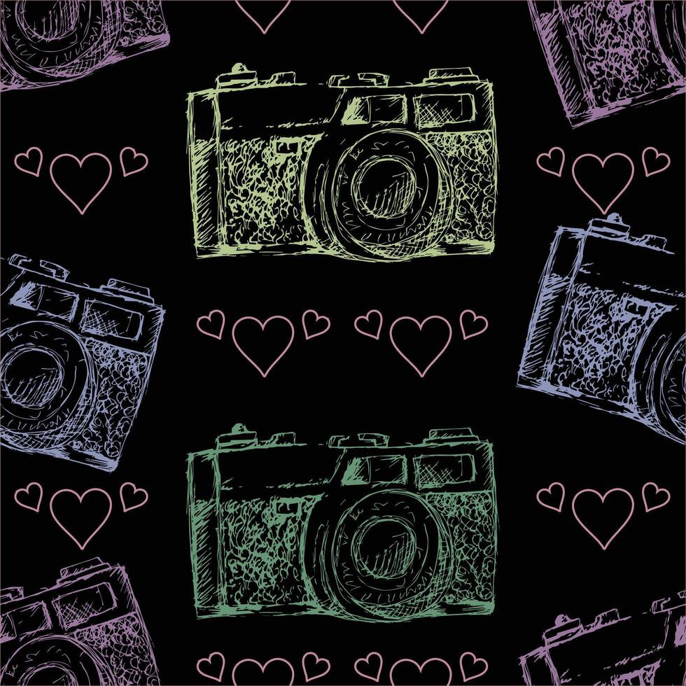 Seamless pattern with Hand drawn retro camera. vector