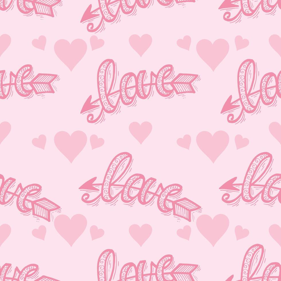 Seamless pattern doodle heart and love word vector