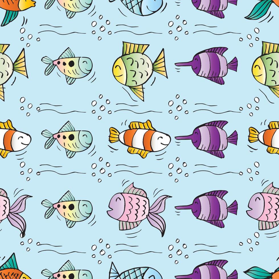 Cute fish seamless pattern on light blue background. vector