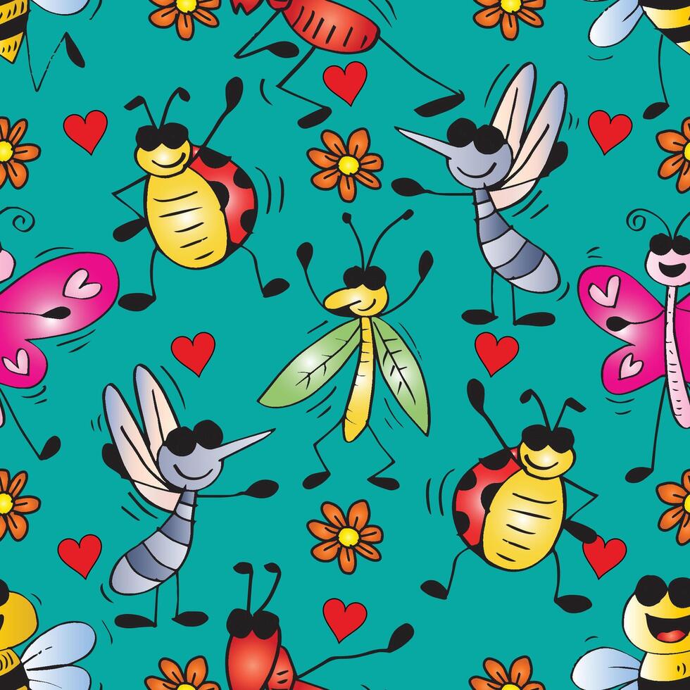 Seamless pattern with insects and hearts on blue green background. vector